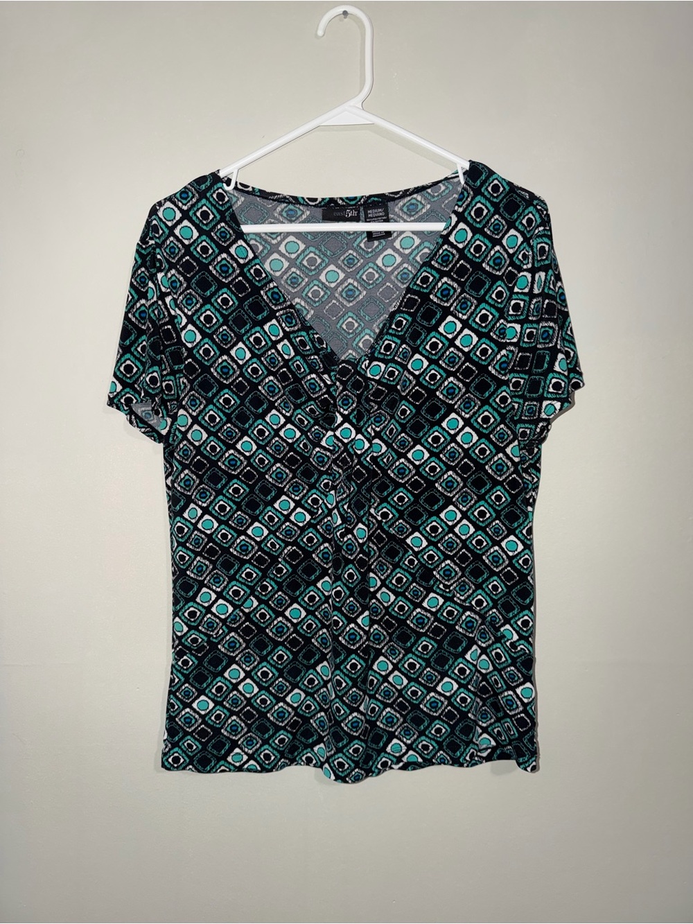 East 5th Teal & Black Geometric Print Blouse – Size M